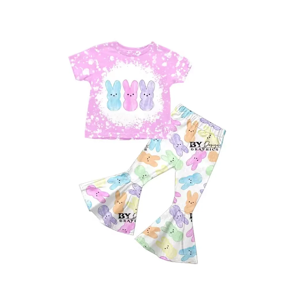 

Пасхальные летние комплекты для маленьких девочек, разноцветные штаны с коротким рукавом и принтом кролика, детская одежда, эксклюзивная детская одежда