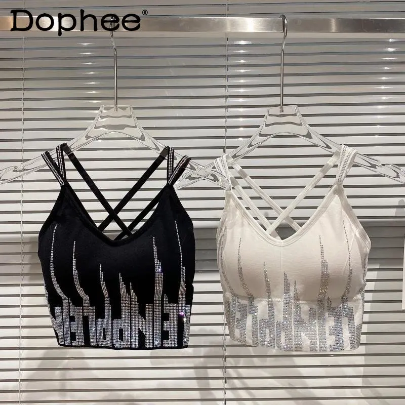 

2023 Spring New Flame Letter Diamond Drills Tanks Sponge Brassiere Pad Tube Top Sexy Sports Underwear Sling Camisoles Clothes