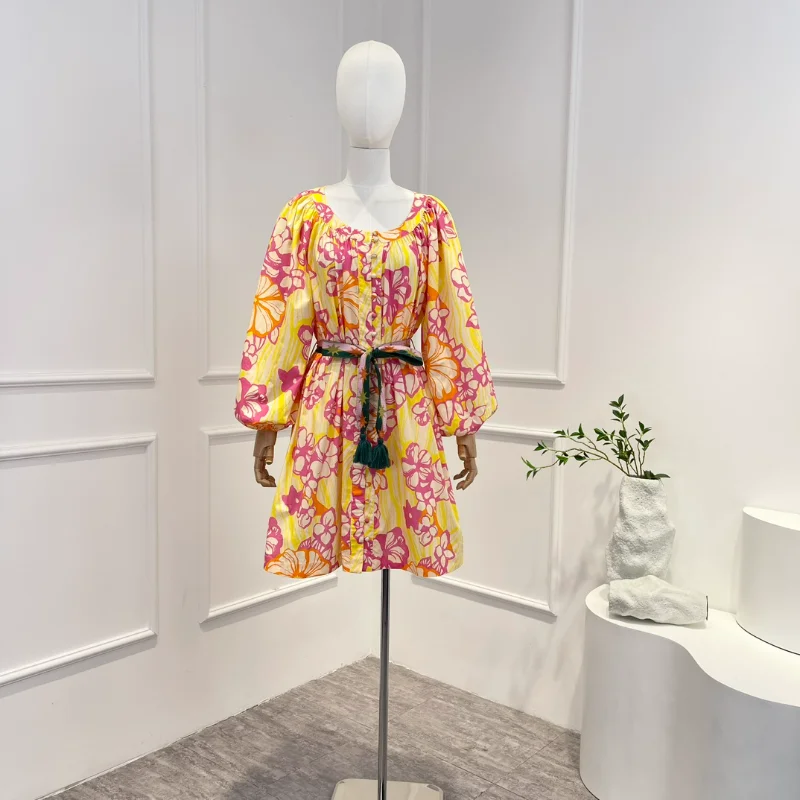 

New Spring Summer 2023 Yellow Mini Dress Top Quality Cotton Rose Red Floral Lantern Sleeve Loose Style Lady Outfit with Belt