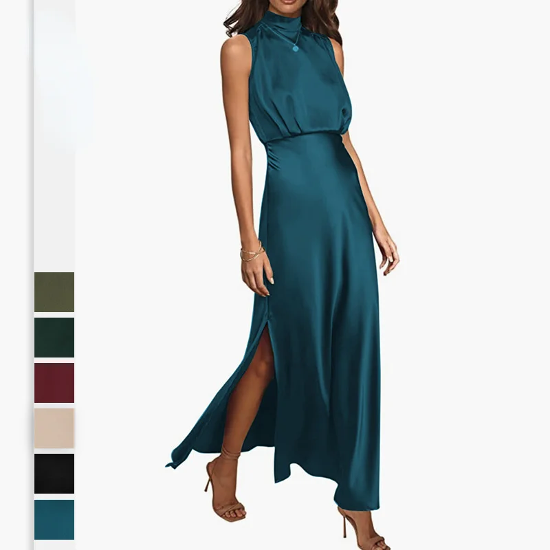 

Summer Women's Evening Dress Celebrity French Wedding Bridesmaid Dress Satin Split Mid-length Dress