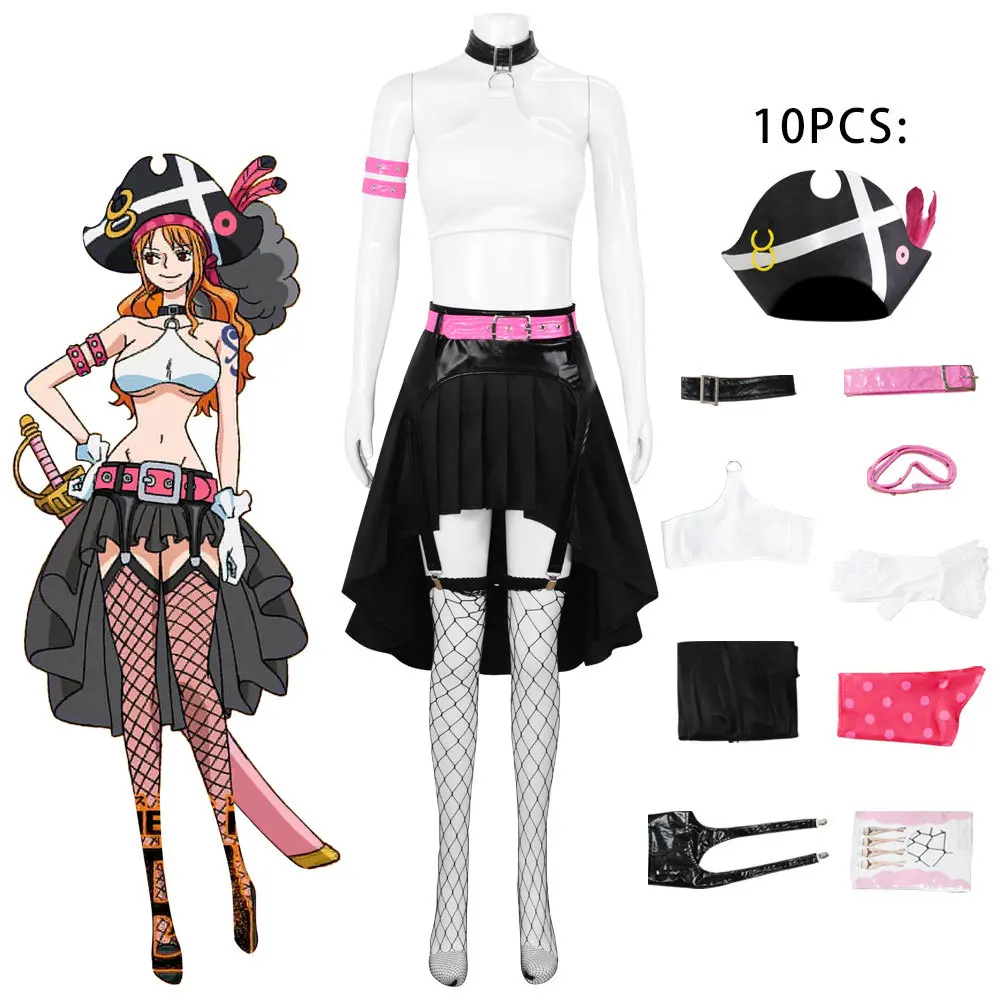 

Anime Cosplay Costume Nami Women Uniform Halloween Party Cartoon Top Skirts Hat Accessories Prop Suit