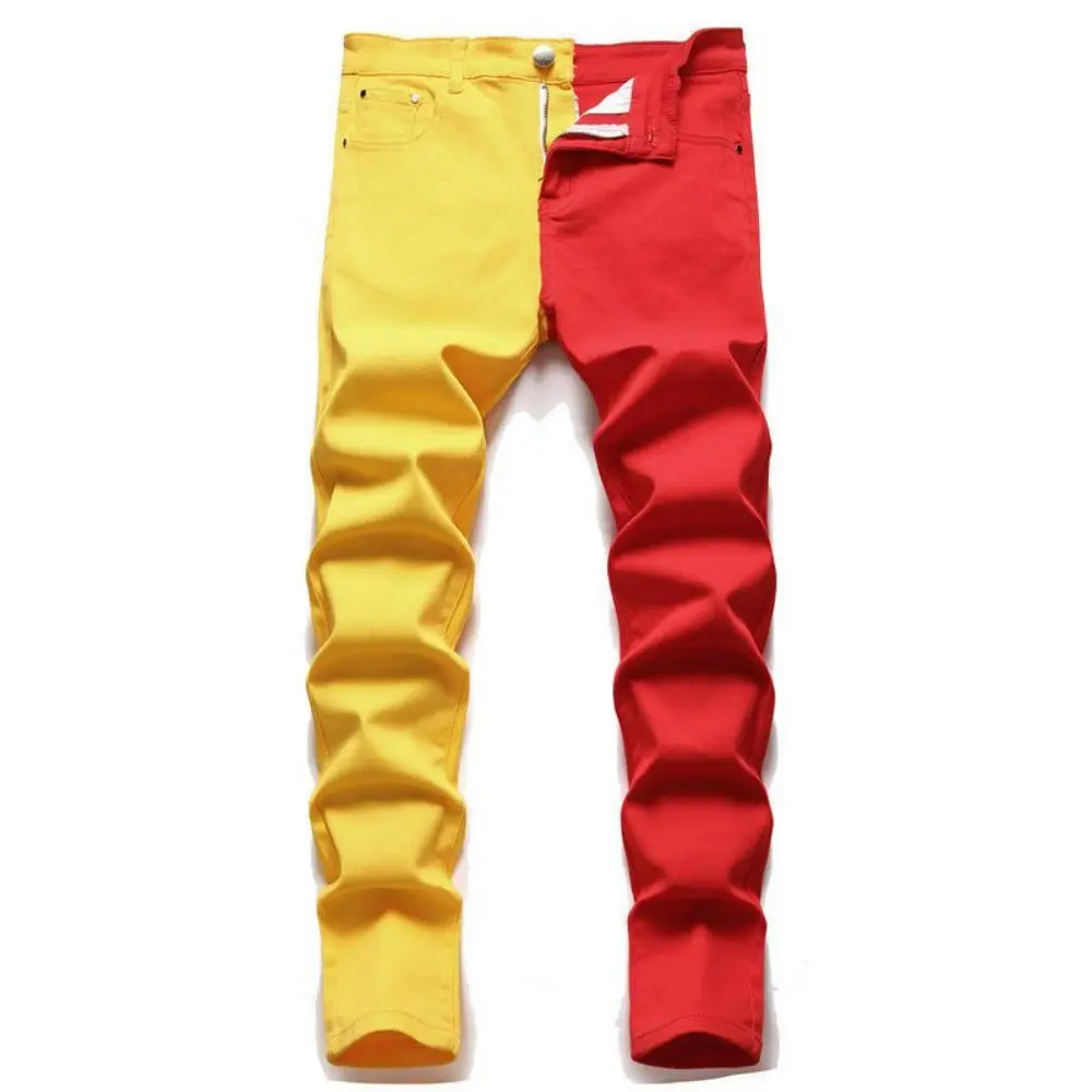 Fashion Retro Men Jeans Pants Denim Trousers Patchwork Color Contrast Slim Fit High Street Straight Trend Stitching Jeans