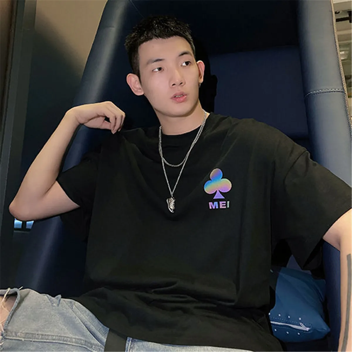 Крутая черная Светоотражающая футболка уличная одежда мужская оверсайз в