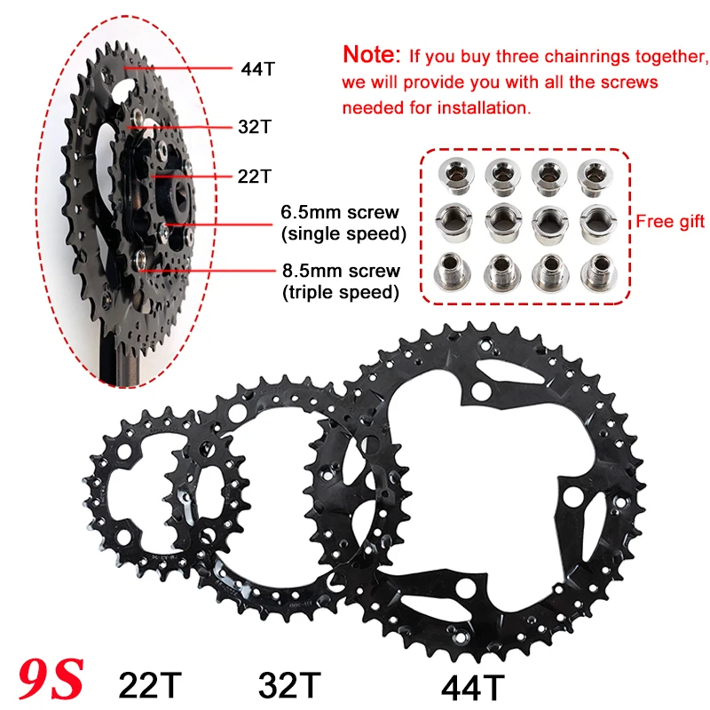 104/64BCD MTB Chainring 3*9speed 3*10speed Bicycle Chainwheel 22T 24T 32T 42T 44T Triple Bike Plate Crankset Chain Ring Part on переводится на русский язык следующим образом:104/64BCD MTB Звезда цепи 3*9скоростей 3*10скоростей Велосипедный звездочник 22T 