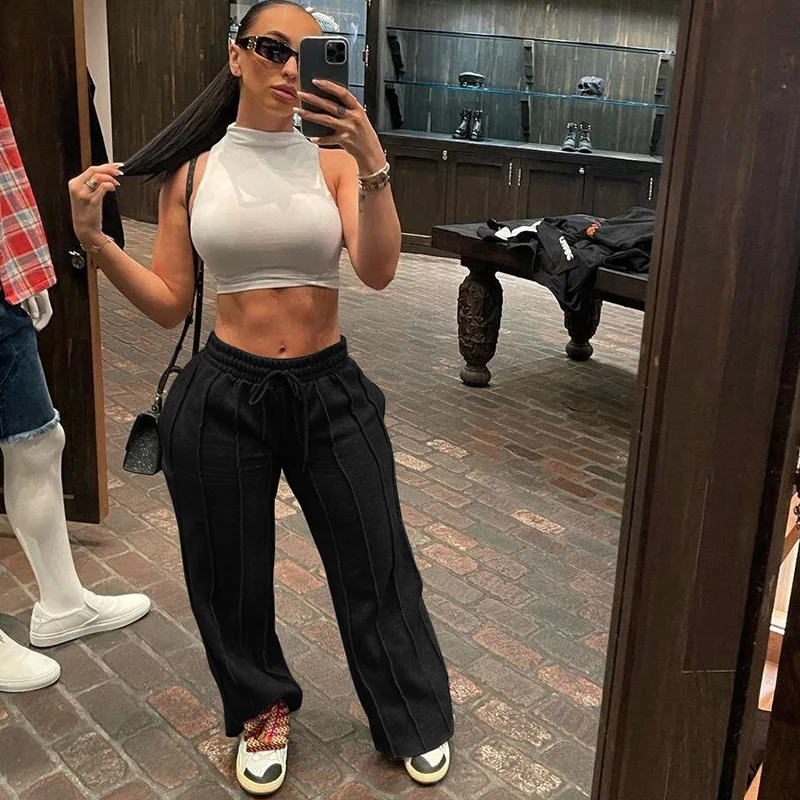 

Fitness Women Jogging Pants Solid Gray Drawstring Wide Leg Trousers 2022 Autumn Winter Workout Activewear Sporty Baggy Bottoms