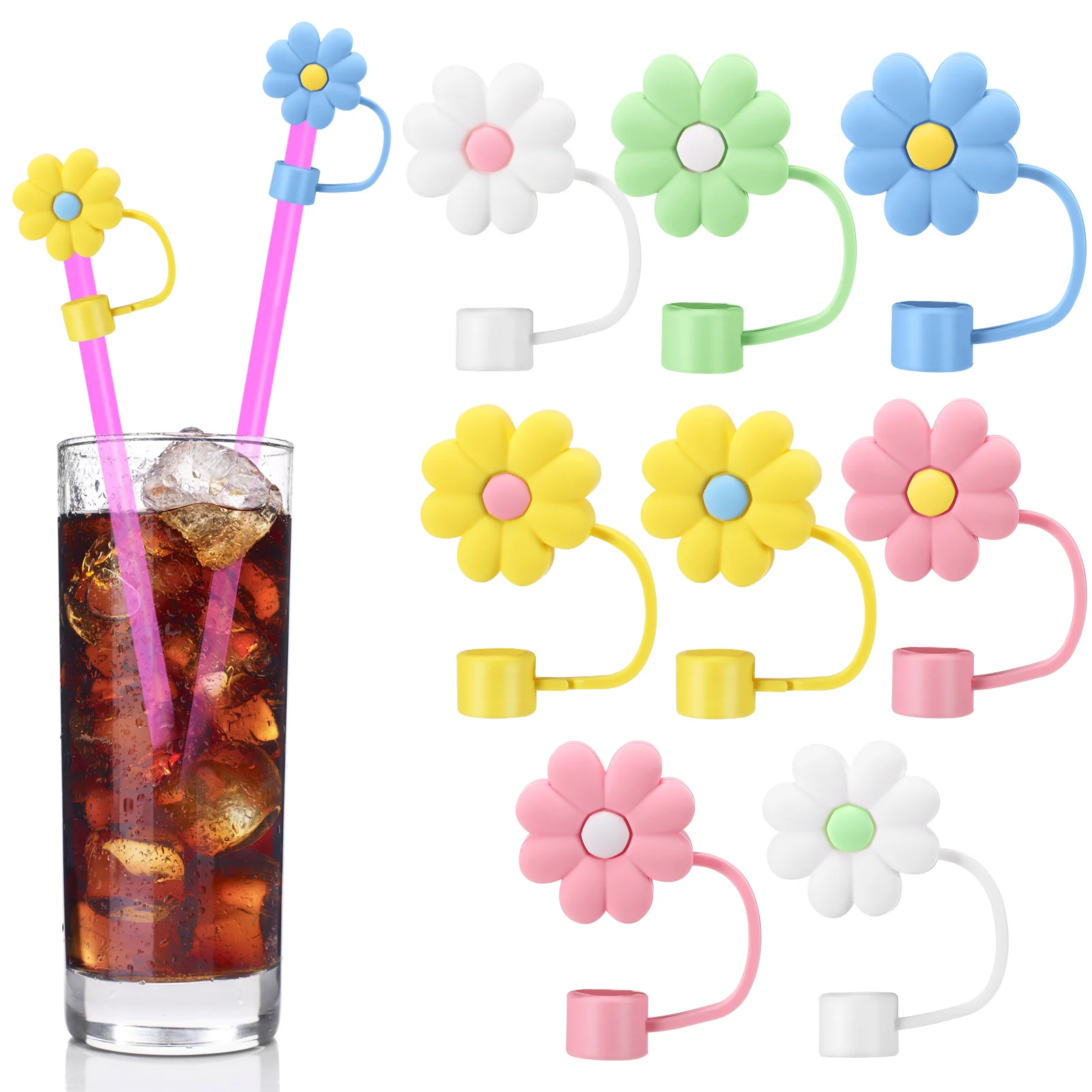 

8 Pcs Drinking Straw Cover Flower Tip Covers Cute Reuseable Straws Cap Silica Gel Plug