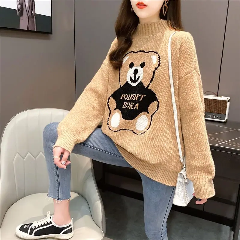 

Khaki Bear Cartoon Cute Student Vest Pullover High Collar Sweater Women's Sweaters Women Girl Pull Slim Top Cloth Outer Coat RU