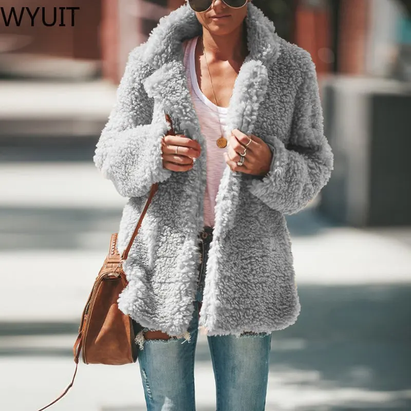 

Winter Warm Thick Women Coat Casual Loose Long Sleeve Office Outwear Fashion Solid Fleece Turn-down Collar Ladies Cardigan Tops