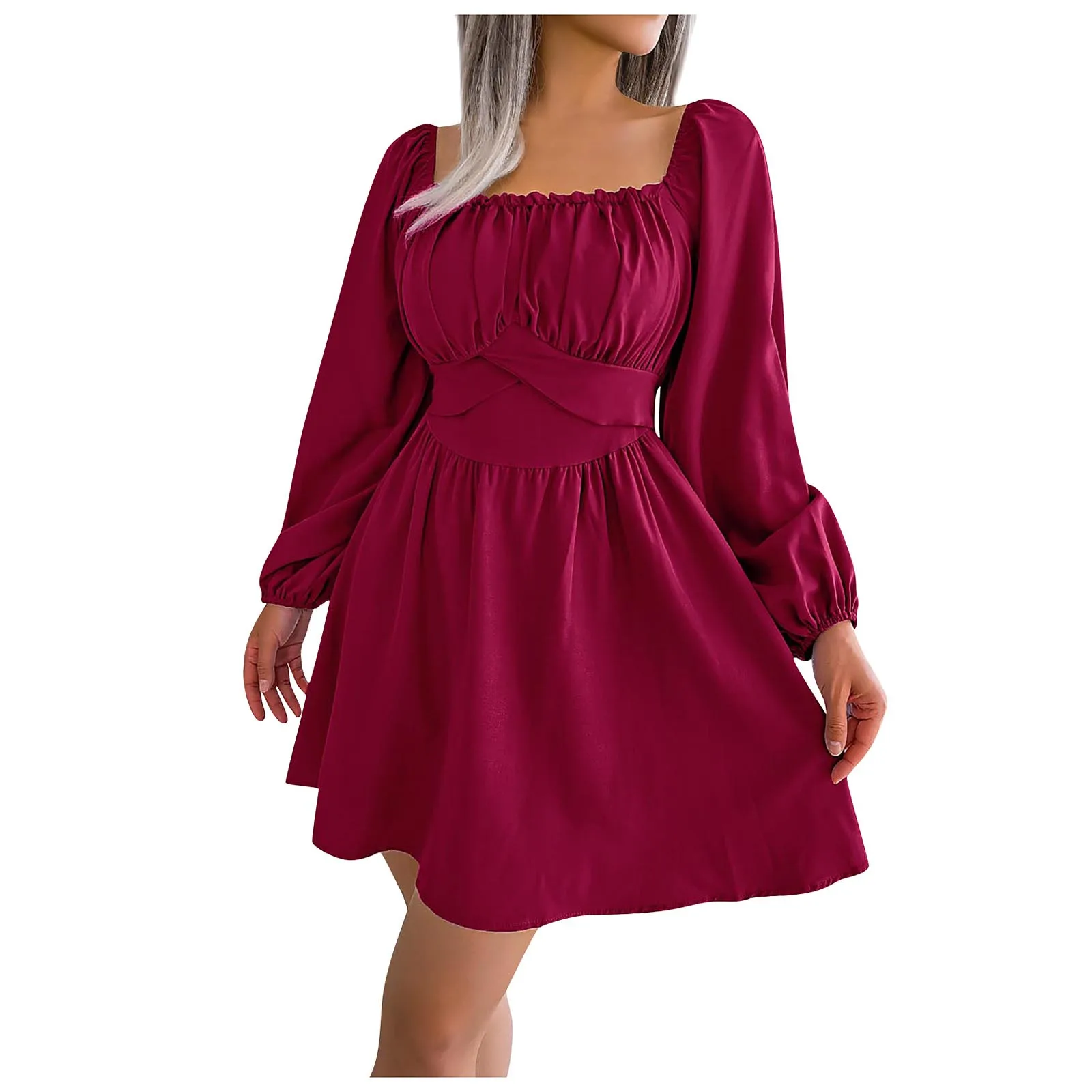 

Women's Fashion Casual Solid Colour Square Neck Waistline Dress With Large Hem Solid Color Dress for Girls Red Ruffle Dresses#35