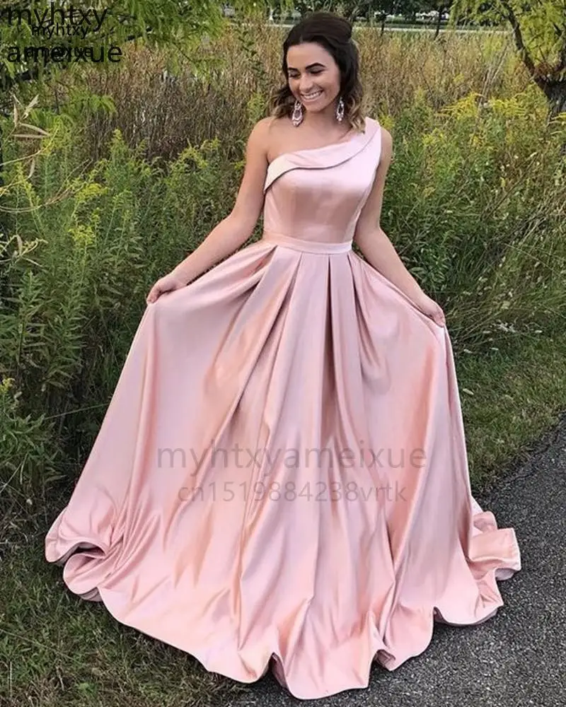 

Sexy One Shoulder Long Court Train A-line High 2022 Quality Satin Pink Plus Size Evening Dresses Robe De Soiree