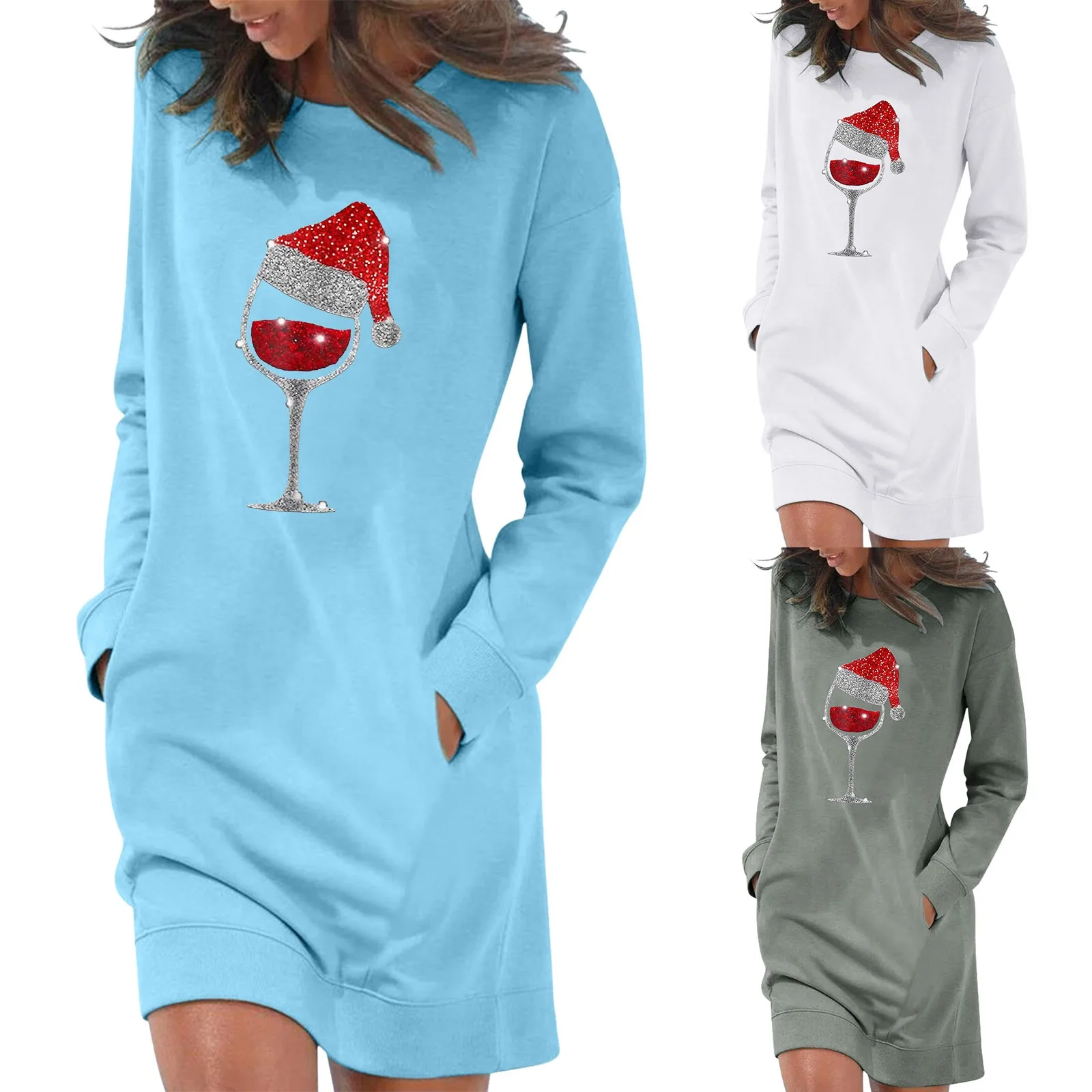 

Women Fashion Loose Long Sleeve Pocket Christmas Print Long Pullover Sweatshirt Skirt Maxi Dress with Sleeves Formal