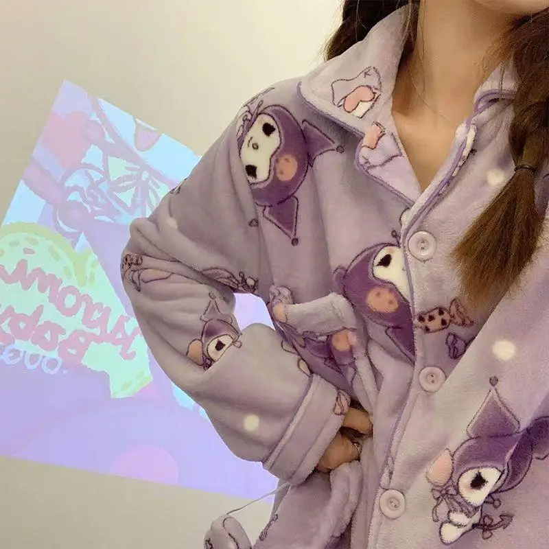 

New Kawaii Cute Sanrio Kuromi Plush Pajamas Home Furnishings Coral Velvet Thickening Winter Sweet Christmas Gift for Girlfriend