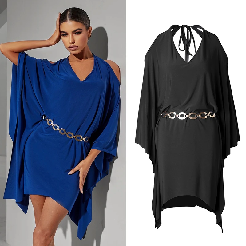 

Свободное платье для латиноамериканских танцев, Женская тренировочная одежда, одежда для взрослых с рукавами летучая мышь, воротником-халтером, яркое черное платье румбы DNV17442