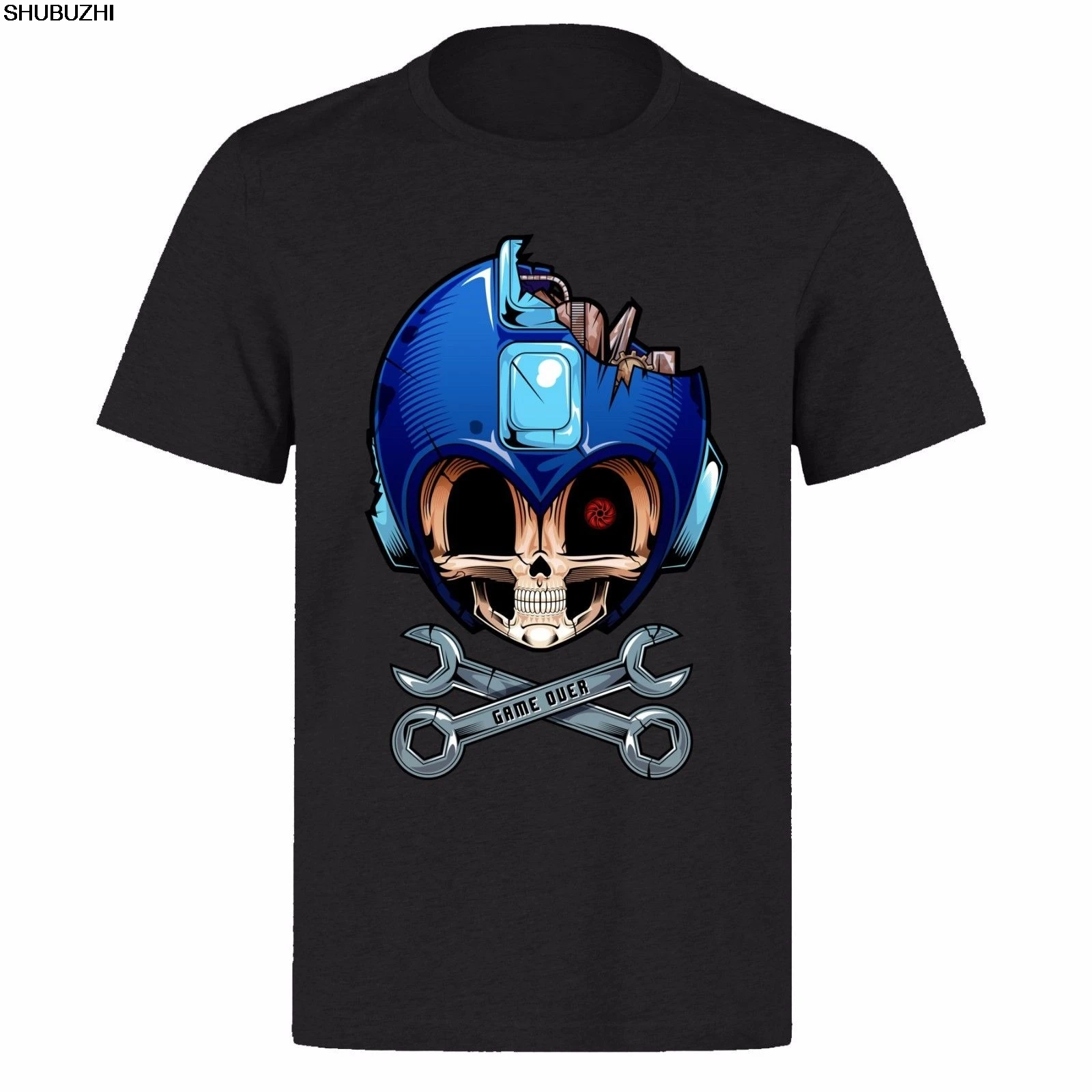 MEGAMAN синий череп лицо игры выше унисекс черный классический геймер PH14 футболка |