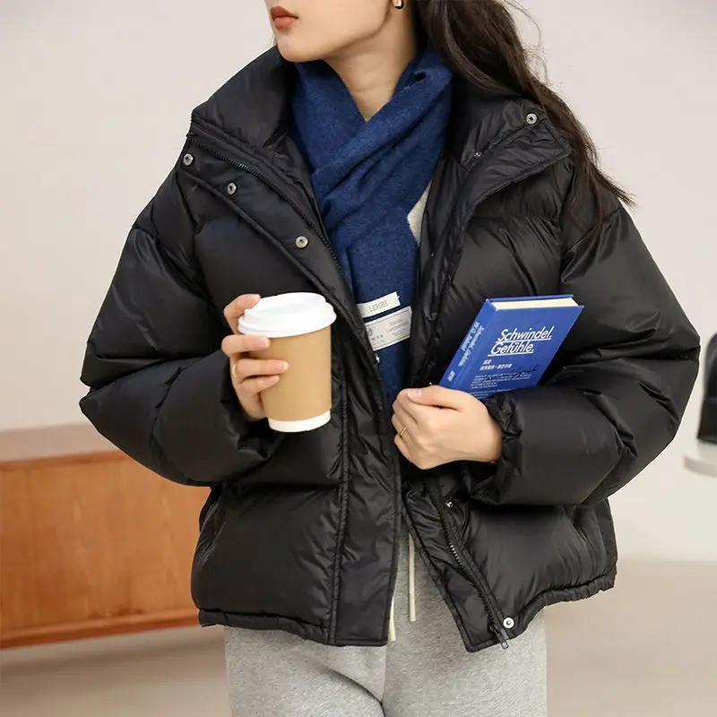 Korean Style 2023 Winter Jacket White Duck Down Women Stand Collar Female Down Coat Loose Womens Coats Pockets Ladies M02