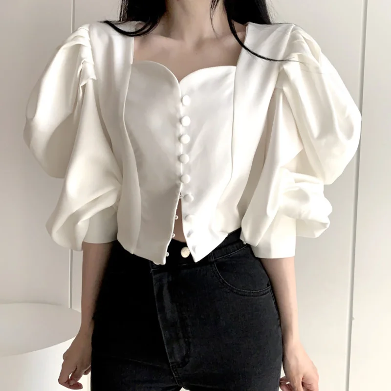 

Autumn Winter Vintage Puff Sleeve Blouses Women Korean Fashion Loose Tops Square Collar Single Breasted Casual Blusas Mujer