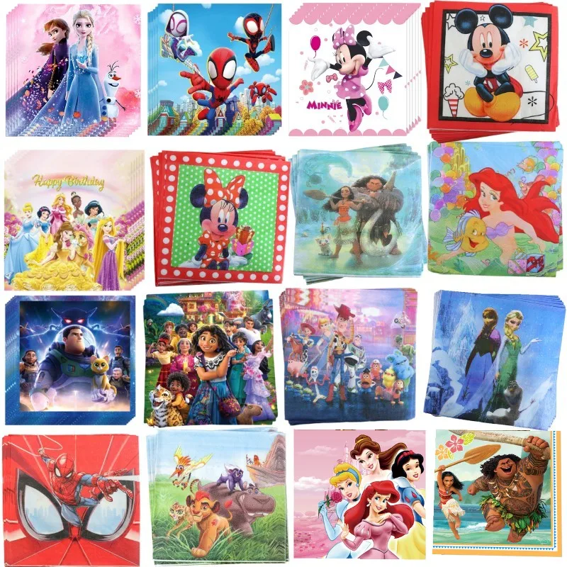 20pcs Cartoon Theme Princess Mickey Minne Mermaid Superhero Moana Party Decoration Disposable Tableware Napkin Birthday Supplies