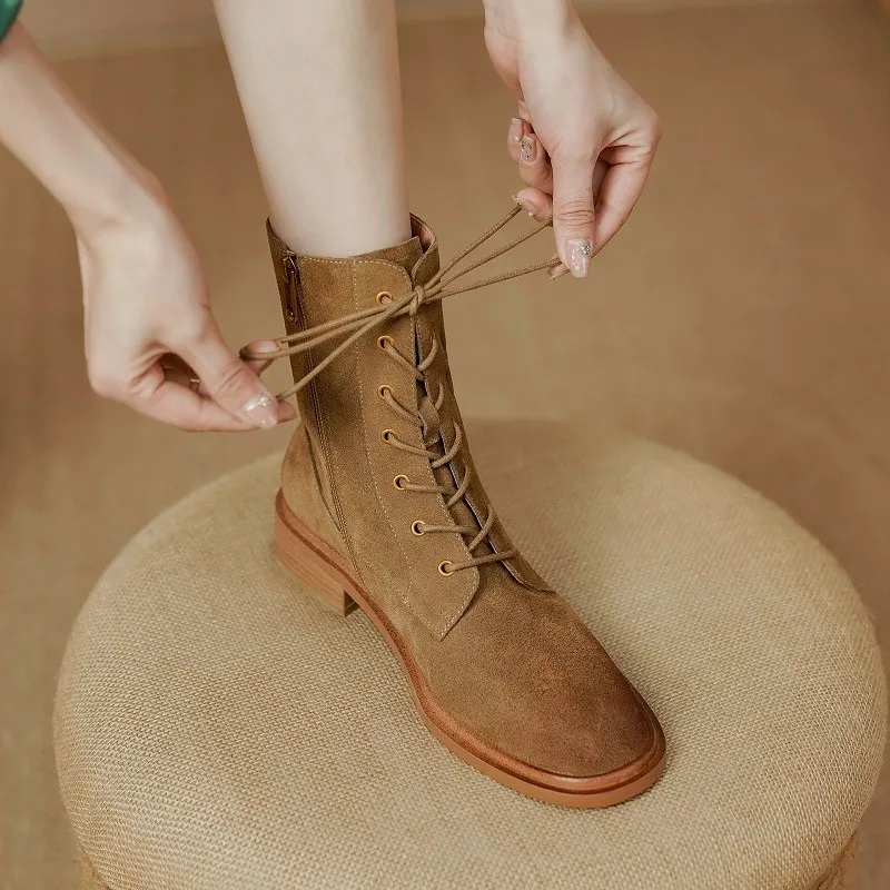 

Women Ankle Boots Vintage Style Ladies Shoes Leather Winter Boots Side Zippers Spring Autumn Shoes Cow Suede Lace-Up Botas