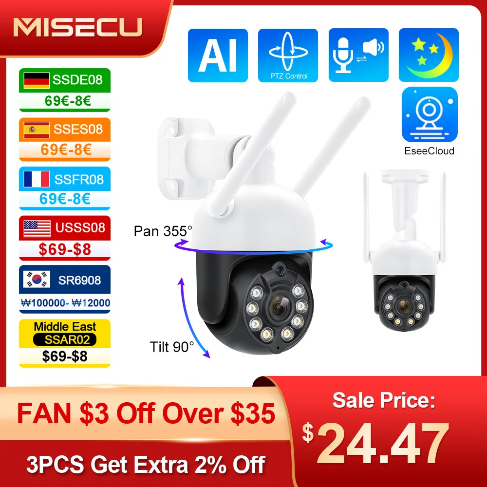 Камера MISECU 3MP 4MP WIFI автоматически отслеживает беспроводную наружную сетевую