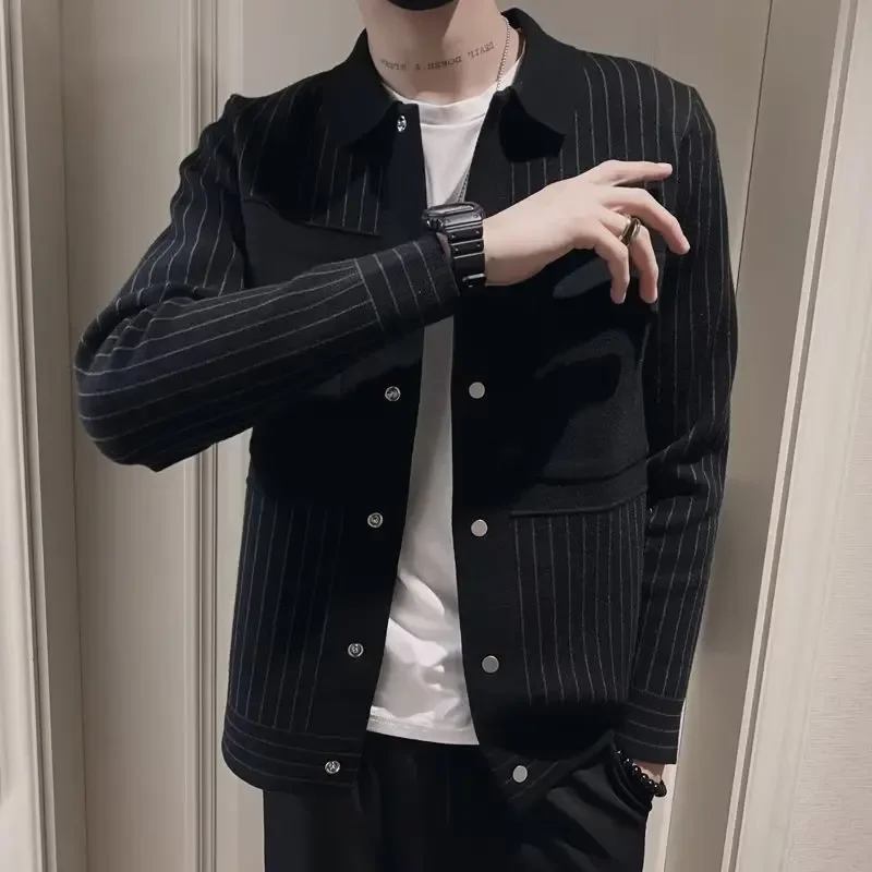 Весенне-осенний мужской модный полосатый повседневный кардиган приталенный