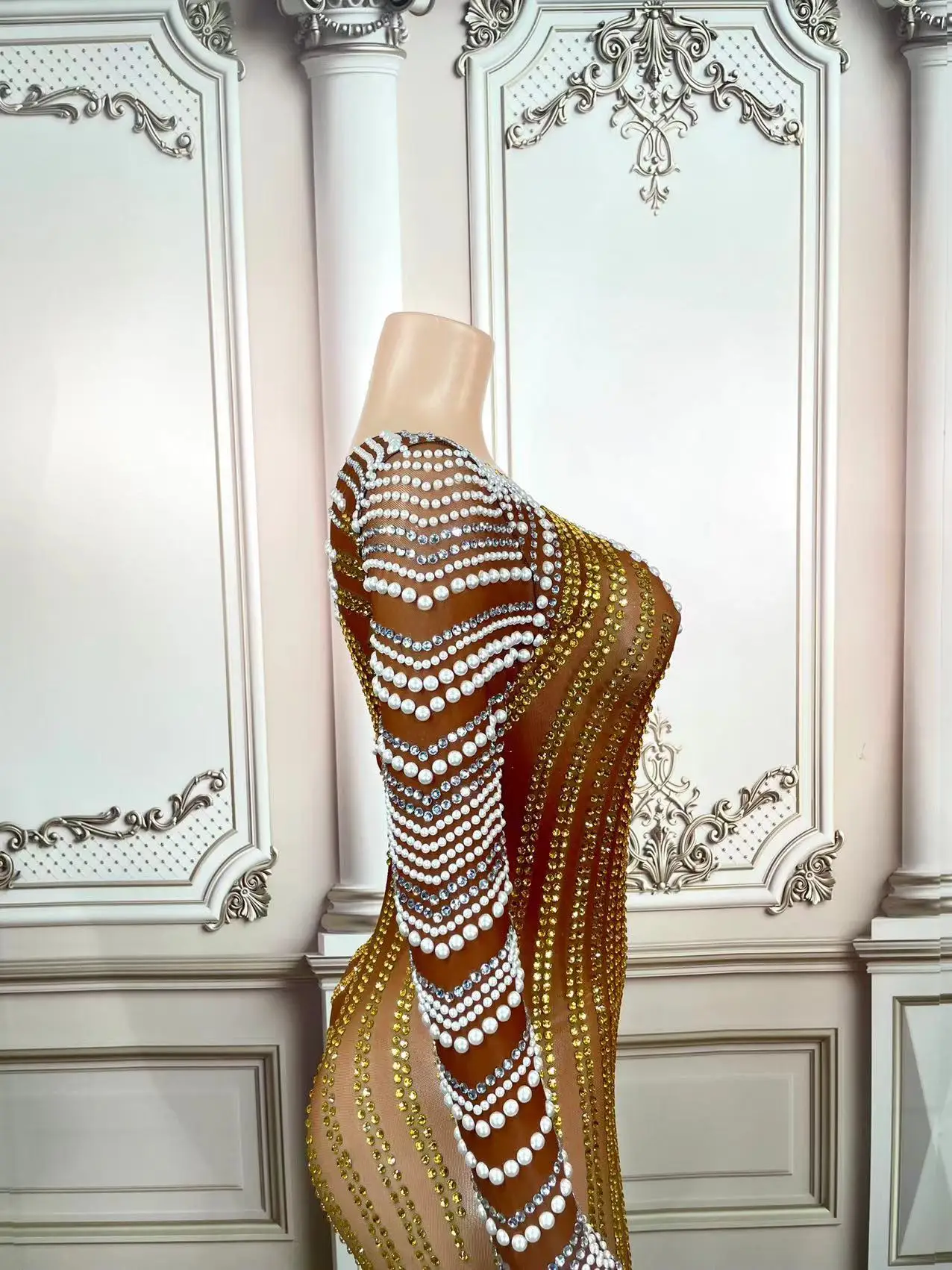 Skin Color Mesh gold Rhinstone  Mini Evening Short Dress Bodycon Festival Showgirl Costume Birthday Formal Real Women Celebrate