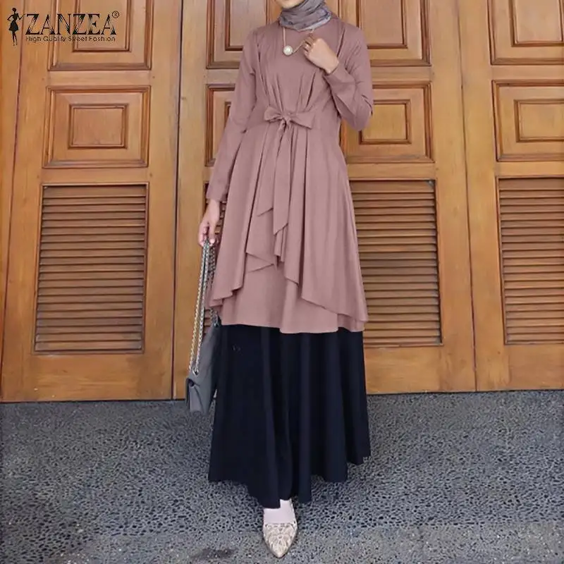 Платье Abaya из индейки, хиджаб, весенний кафтан с длинным рукавом, платье 2022 ZANZEA, мусульманский женский винтажный однотонный Асимметричный Са...