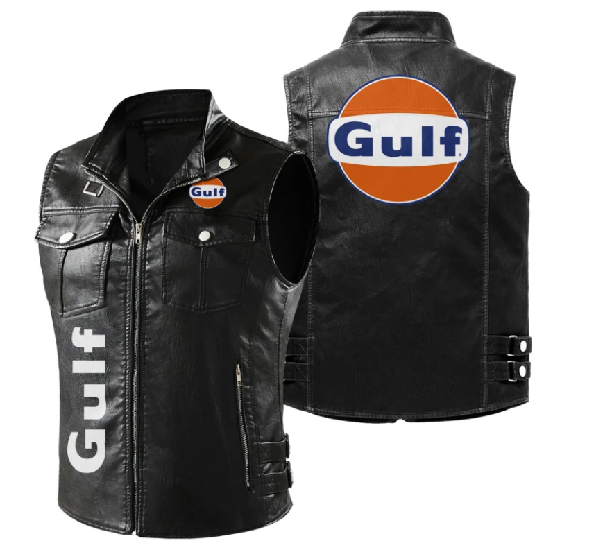 

2023 Spring Autumn Men's GULF Truck Logo Sleeveless Vest Fashion Motorcycle Zipper Jacket Coat Warm Leather Men's Vest