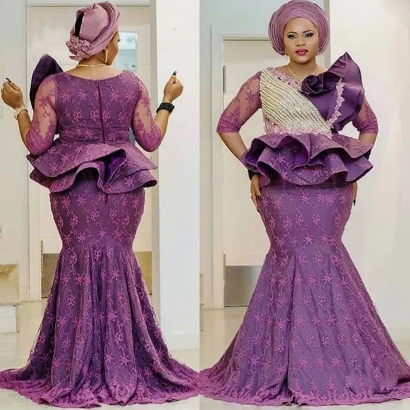 

2023 Нигерия Aso Ebi, фиолетовые кружевные вечерние платья с длинным рукавом, женское платье-Русалка для свадебной вечеринки, выпускного вечера, Африканское платье