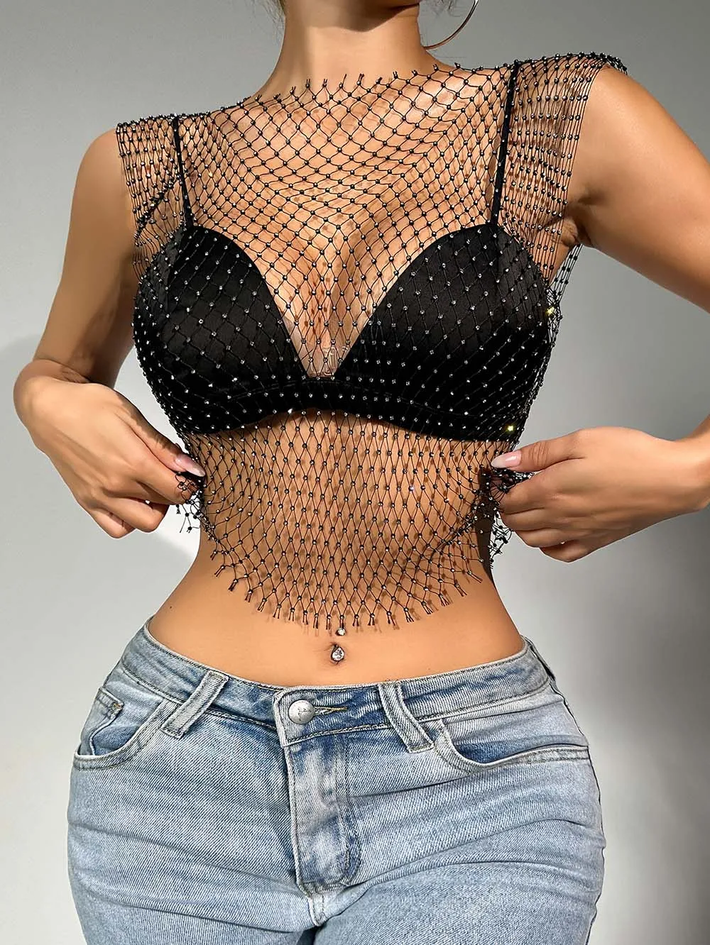 

Women Sexy Partywear Evening Wear Black Rhinestone Bling Detail Sheer Embellished Mesh Tank Top Blouse