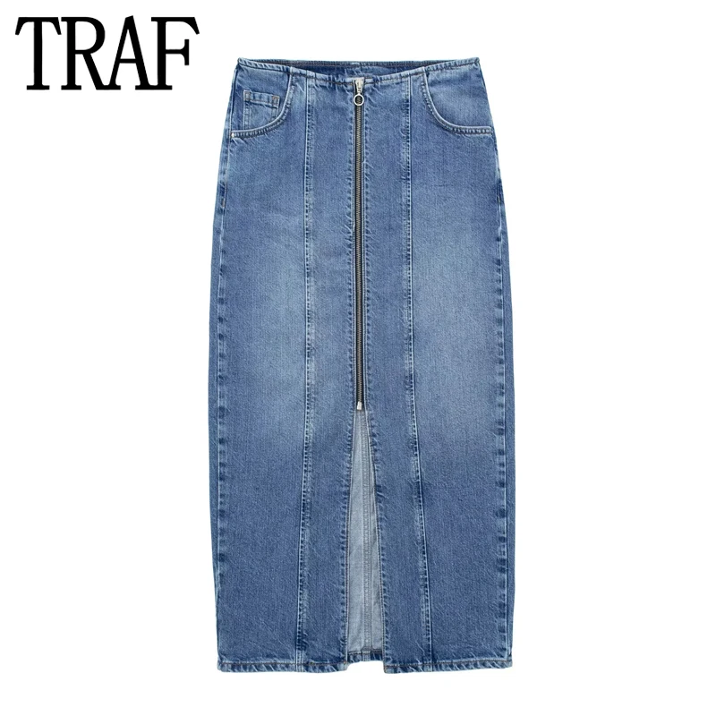 

TRAF Blue Slit Jeans Skirt For Women Zipper High Waist Midi Denim Skirt Woman Faded Stylish Long Skirts Streetwear Summer Skirts