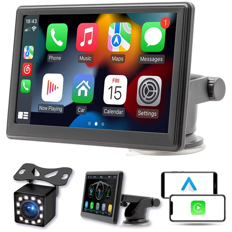 

Portable Wireless Carplay Screen Dash Mount, 7 Inch Touch Screen Car Stereo Bluetooth, Rear Camera, USB