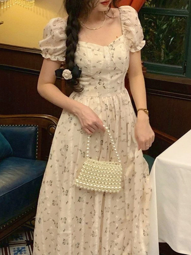 

Vintage Floral Elegant Dress Women Korean Fashion Party Midi Dress Female High Waist Summer Long One Piece Ladies Dress 2022 New