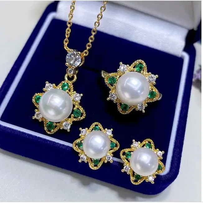 

Gorgeous AAAAA 6-9mm south sea WHITE stud pearl pendant earring ring set 925s