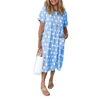 casual home wear polka dots print women casual short sleeve dress loose long double pocket beach vacation dress woman midi dress