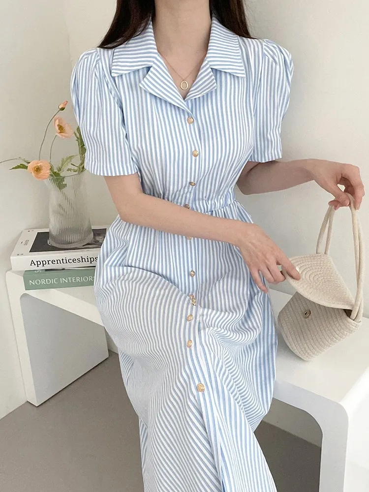 Платье-рубашка женское длинное Плиссированное с пышными короткими рукавами и