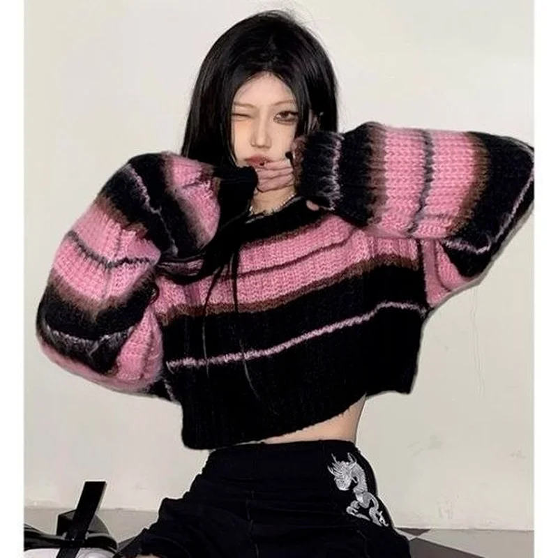 

Casual Y2K Korean Style Pink Cropped Sweater Women Striped Jumper Vintage Female Autumn Long Sleeve Crewneck Pullovers Tops