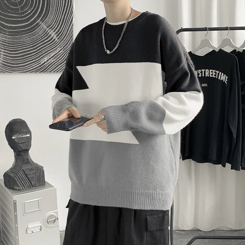 2023 Spring and Autumn Men's Sweater Large Size Loose Crewneck Basic Wool Knitting Sweater Men's Business Casual Pullover Z07