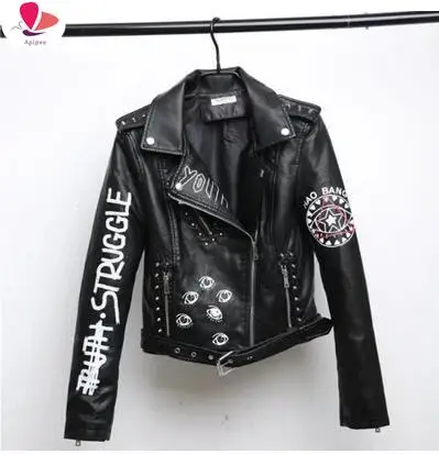 

Spring Autumn 2023 New Rivets Letters Print Motorcycle Leather Short Fashion Hip-hop Jacket Women's Coats Female Outwear