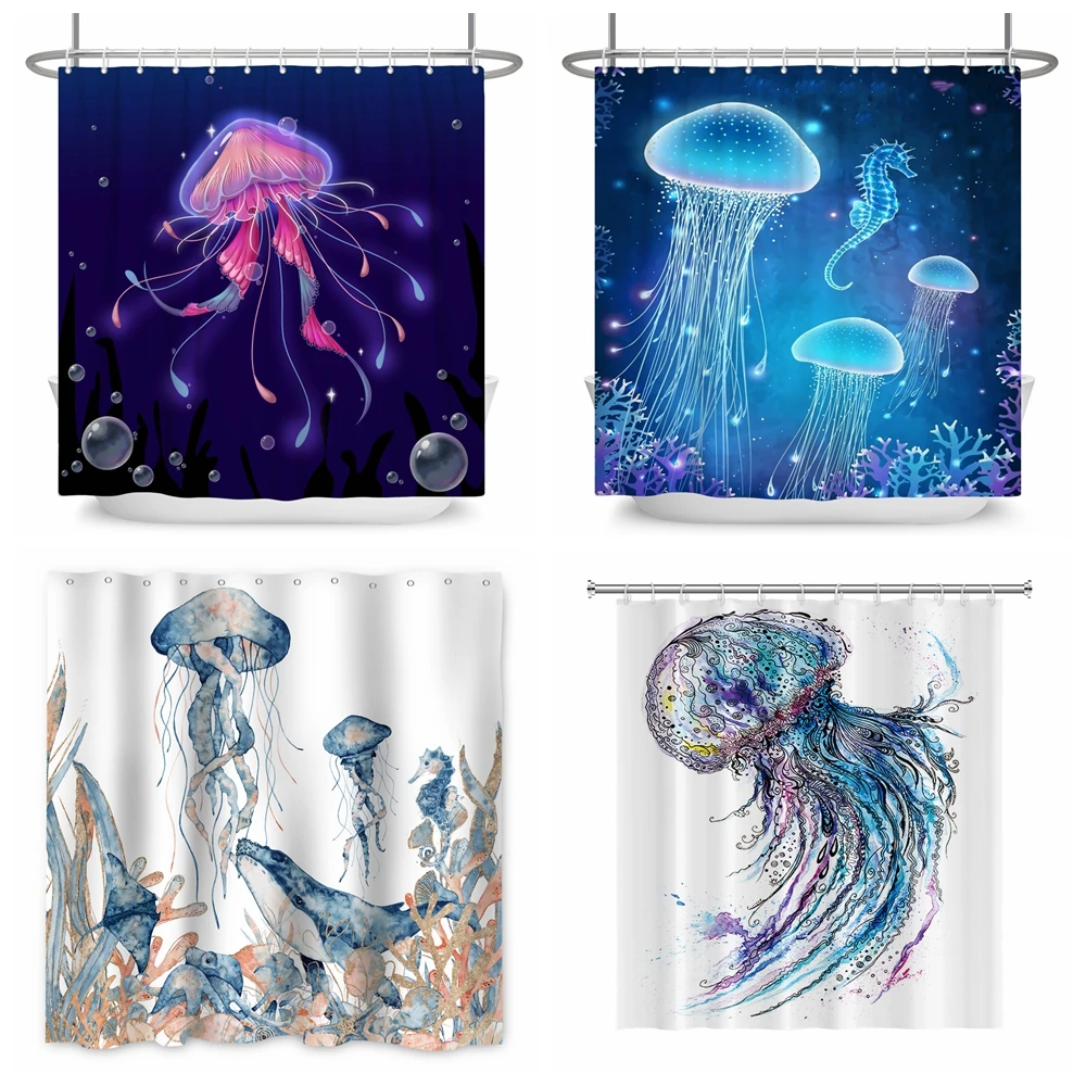 

Summer Ocean Shower Curtain Set for Bathroom Under Sea Whale Jellyfish Modern Abstract Home Bath Bathtub Decor with Hooks