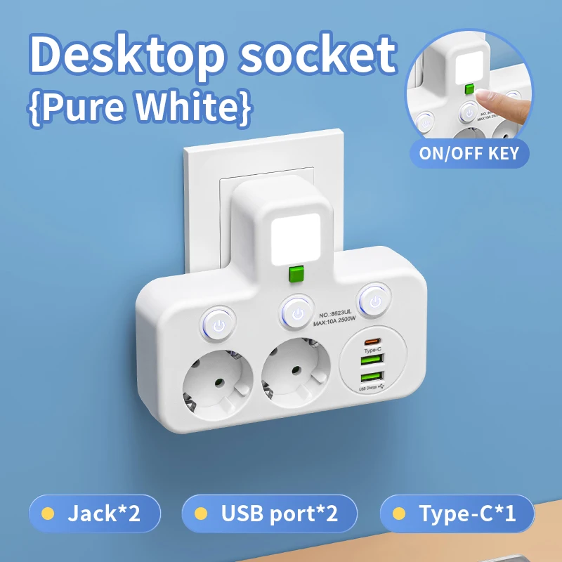

Настенная розетка 5 гнезд с USB-C и отдельным выключателем