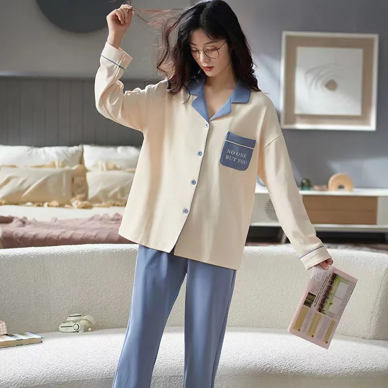 100% Cotton Women Pajamas Sets Spring Turn-Down Collar Long Sleeve Ladies Sleepwear 2 Piece/Set Leisure Home Wear Clothes