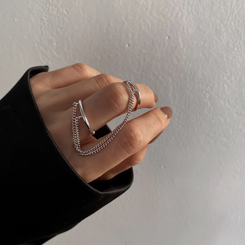 

Fashion Punk Chain Double Ring Set Women Hip Hop Open Ring Metal Silver Color Chain Geometric Party Jewlery Gifts