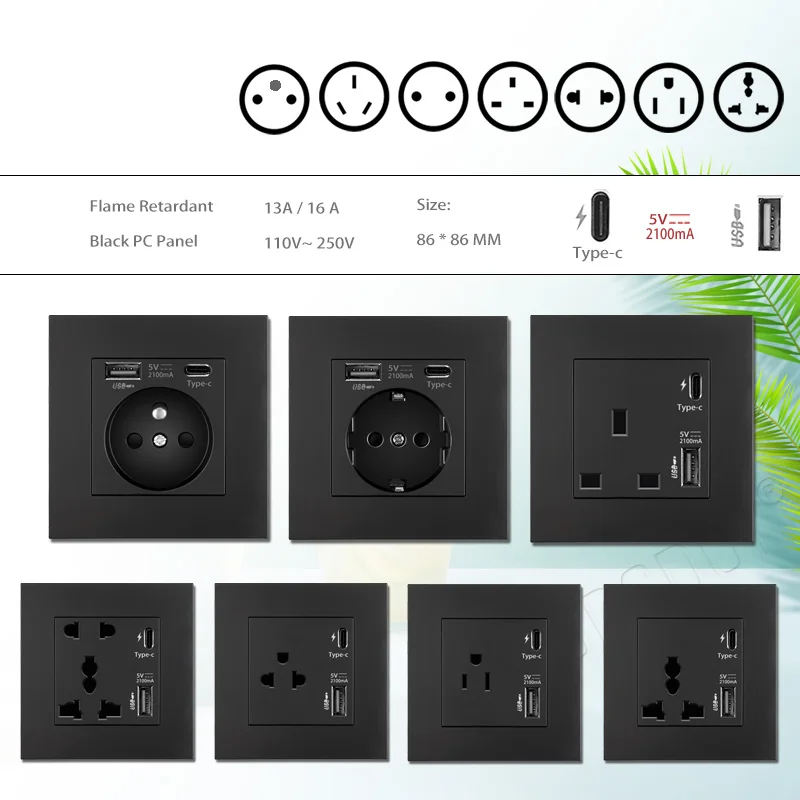 Купи USB Type C 2.1A Rapid Charger Outlet Grounded Wall Electrical Socket For EU UK US Thai Universal Plug, Black PC Panel 86*86 mm за 267 рублей в магазине AliExpress