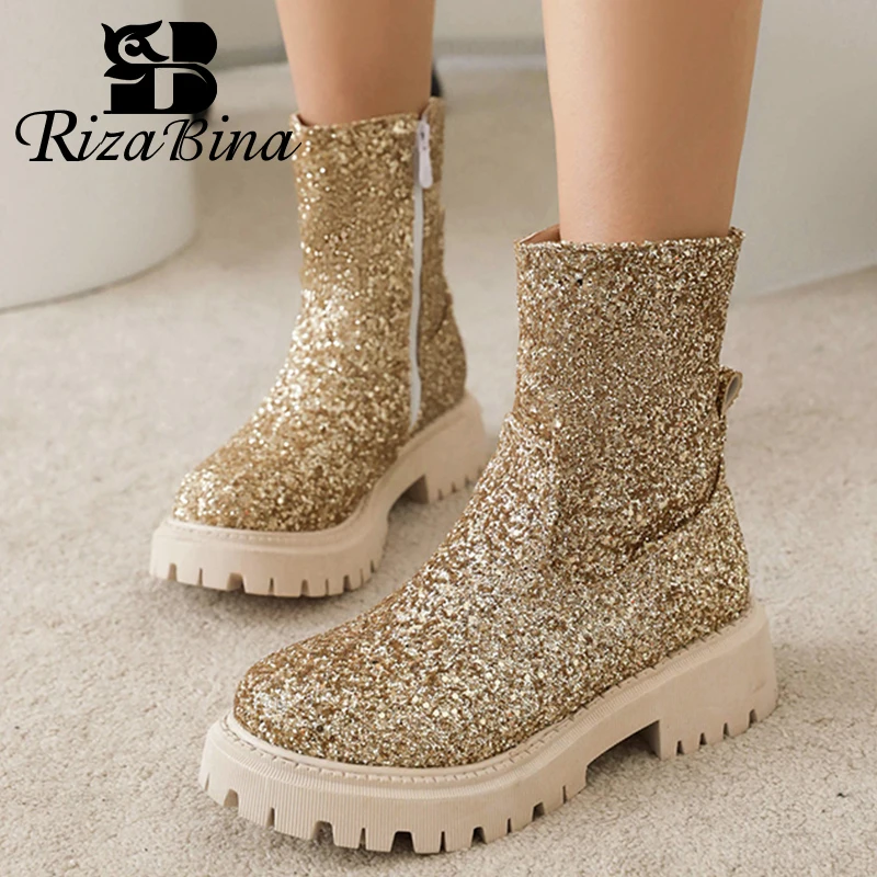 

RIZABINA Size 34-45 Women'S Ankle Boot Sqaure Heels Winter Warm Women Shoes Fashion Zipper Female Short Boot Ladies Footwear