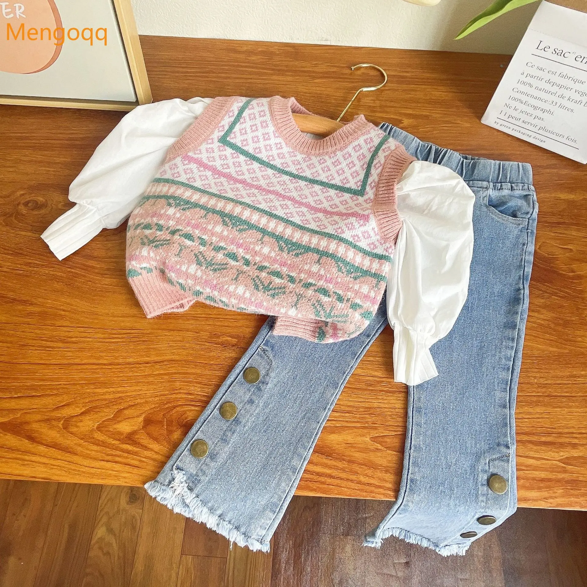 

Mengoqq Kids Girls Autumn Winter Round Neck Full-sleeve Solid Color Shirt Knitted Vest Elastic Waist Pocket Button Jeans 3pcs