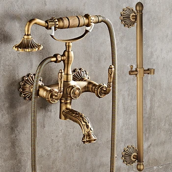 Antique Brass Bathtub Shower Faucets Set Wall Mounted Bath Shower Set Swivel Tub Spout Bath Shower Dual Control Carved Mixer Tap