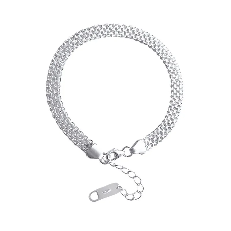 

Ladies 925 Sterling Silver Bracelet Flat Braided Glossy White Gold Chain Classic Fashion Jewelry Couple Holiday Gift