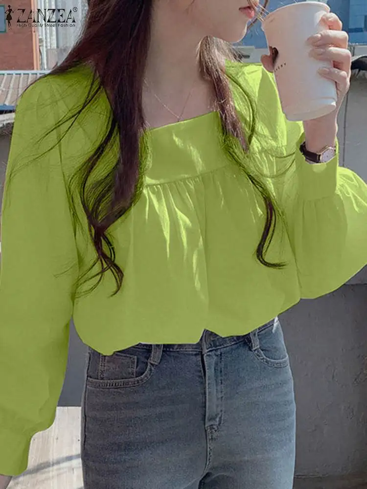 

Блузка ZANZEA женская с пышными рукавами, модная Повседневная Туника в Корейском стиле, однотонная с квадратным вырезом, на осень