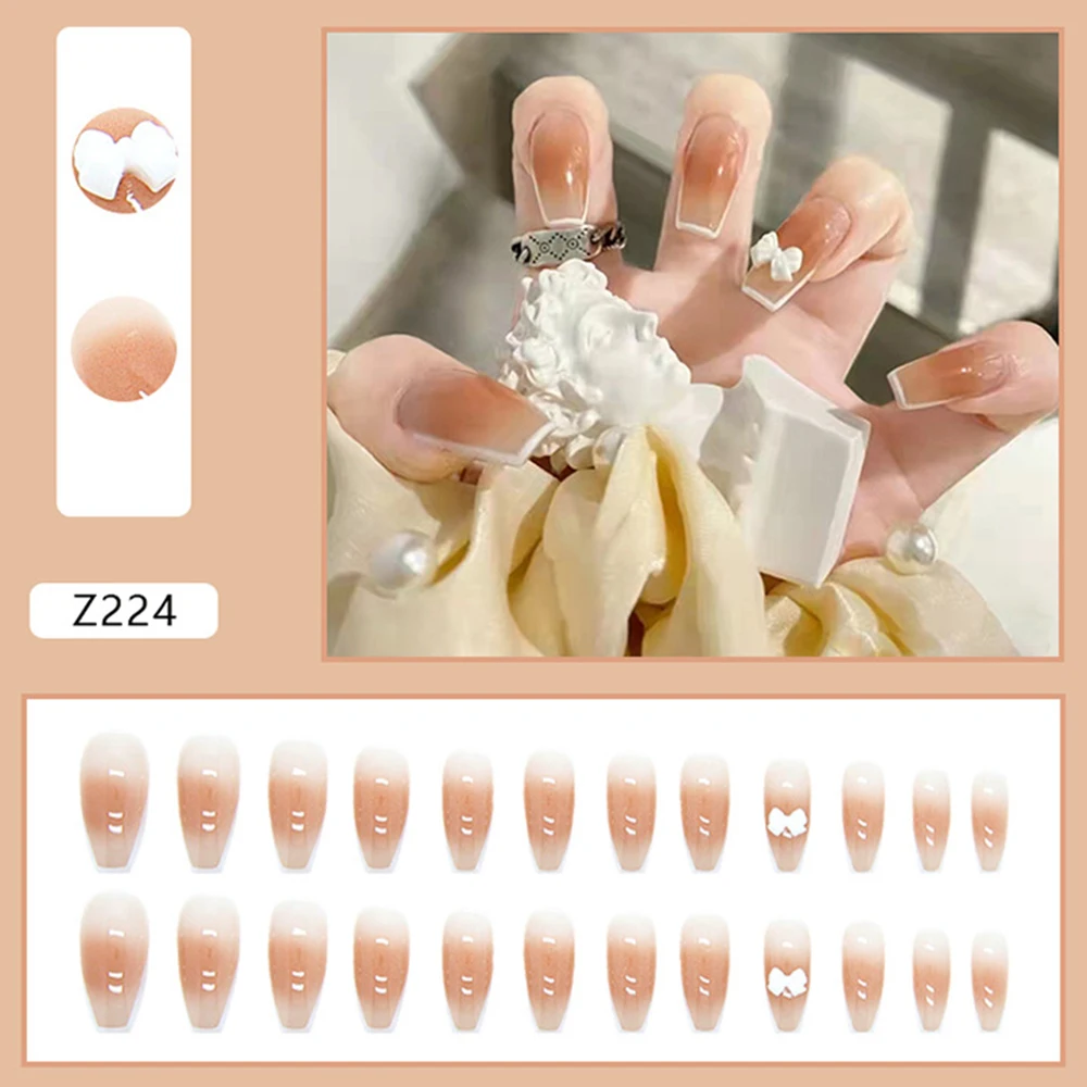 

24pcs Caramel False French Long Press On Elegant Fingernails Stickers Removable Finished Nail Piece Salon Removable Wearabl