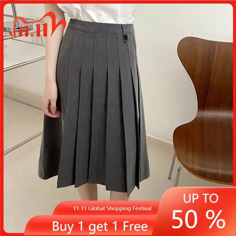 

High Quality TB Early Autumn New Temperament Double-sided Hand-pressed Pleated Skirt Vintage Black Versatile A-line Suit Skirt